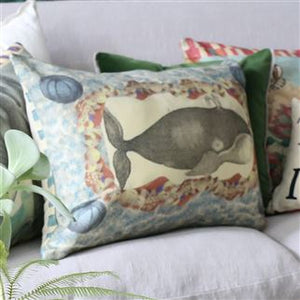 John Derian Blue Coral Cushion in Delft, for Designers Guild on sofa