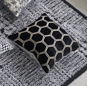 Manipur Noir Velvet Cushion, by Designers Guild on area rug